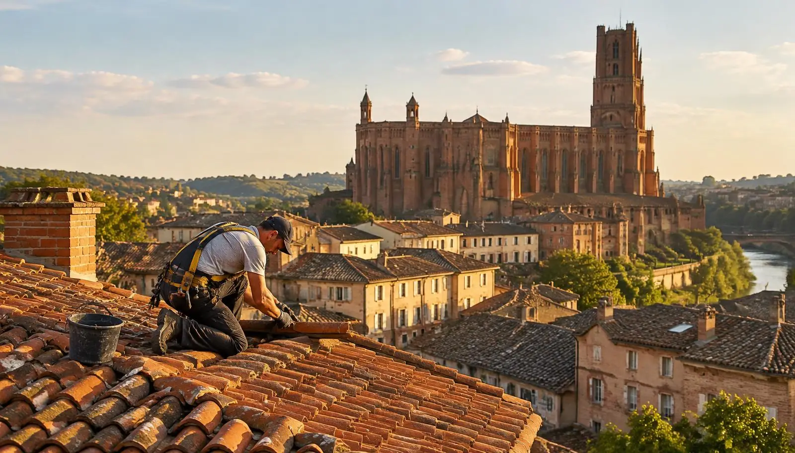 Couvreur sur une toiture en tuiles à Albi